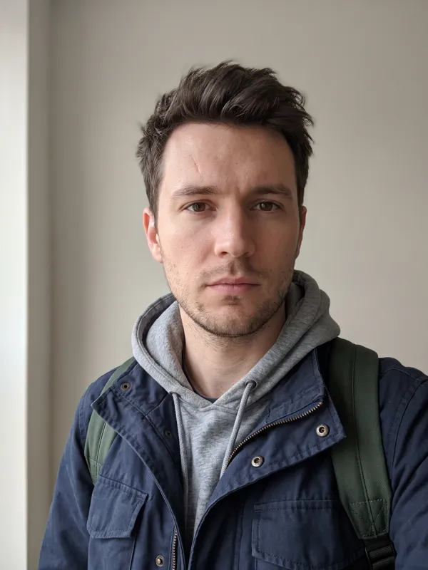 AI-generated portrait of Leo, a fictional man with dark hair, a navy field jacket and a green backpack